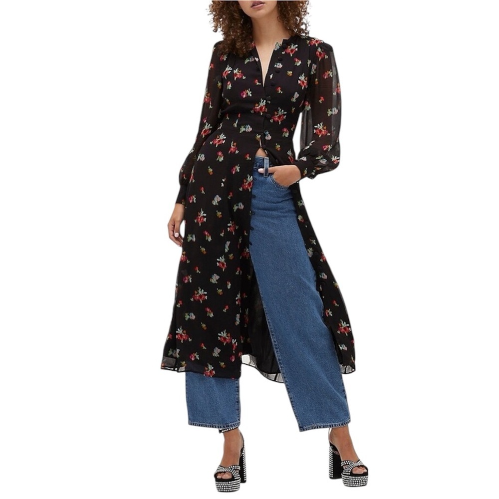 Hill House Cindra Midi Dress Black Ikat Floral Long Sleeve Excellent Size XS - Picture 3 of 10